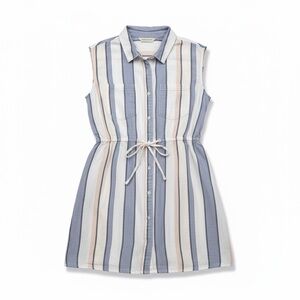 Japna Sleeveless Blue and Cream Striped Midi Dress 100% Cotton Large